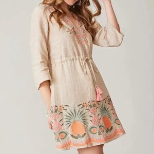 Spartina 449 Floral Embroidered Linen Pineapple Tunic Dress - Pink Tassels
